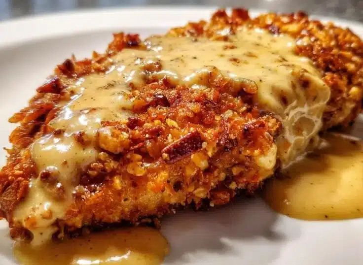 Pretzel-Crusted Chicken with Mustard-Cheddar Sauce