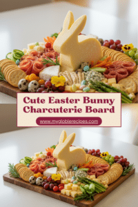 Easter Bunny Charcuterie Board Recipe 1 Easter charcuterie board featuring a large bunny-shaped cheese centerpiece surrounded by crackers, salami roses, assorted cheeses, grapes, asparagus, cucumbers, quail eggs, edible flowers, and colorful Easter candies on a wooden serving board.